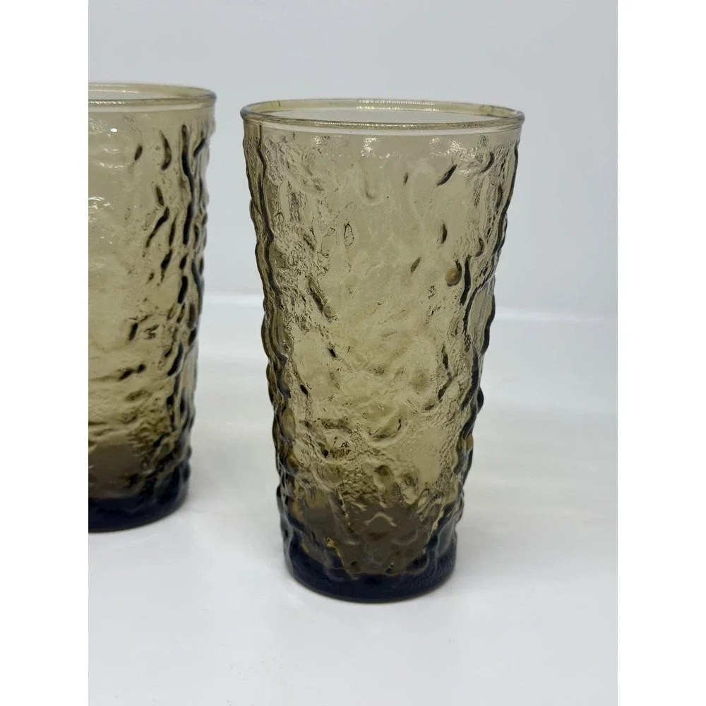 VTG Anchor Hocking Lido Milano Smoke Glass Tumblers Set Textured Bark Brown 5.5